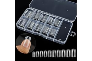 MELGO 100 Pcs Clear False Nail Tips with Storage Case-Full Cover Coffin Nails in 10 Sizes for Nail Salons and DIY Nail Art-Long Lasting and Durable Artificial Fingernails for Glamorous Looks (Square, Clear)