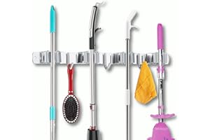 Colgador de Escobas y Fregonas de Acero Inoxidable, TUOHBOVA Organizador Adhesivos Soporte para Fregonas y Cepillas con 4 Posiciones y 3 Ganchos para Cocina, Baño, Garaje, Gris