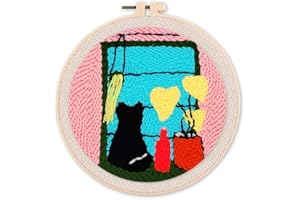 Figured'Art Punch Needle Kit de Bordado Adultos y Niños - Gato junto a la ventana - Manualidades Kit de Aguja Mágica DIY completo - 20x20cm con bastidor circular
