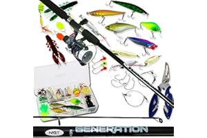 DNA LEISURE Spinning Fishing 7ft 2pc Rod & Reel Full Set With 111Pc Lures Spinners Tackle Box Bass Pike Trout