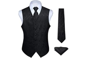 HISDERN Męska kamizelka paisley, kwiecista, żakardowa, krawatowa poszetka, na ślub, przyjęcie biznesowe, dopasowana kamizelka, zestaw, rozm. XS–6XL