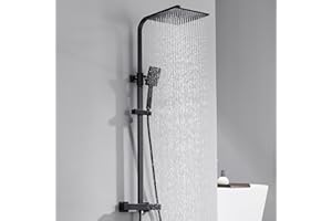Auralum Regendusche Komplettset mit Thermostat, Duschsystem Schwarz, Duschgarnitur Messing Armatur, Quadratische Regendusche 25x25cm, Duschkopf 8x8cm, Edelstahl Duschstangen Höhenverstellbar 82-125cm