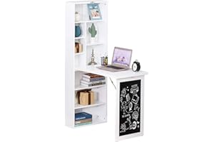 HOMCOM - Escritorio de ordenador plegable, escritorio con almacenamiento, mesa de pared plegable con biblioteca, estación de trabajo, mesa de tiza y estante ajustable, color blanco