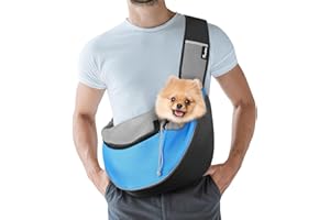 Pawaboo Pet Dog Sling Carrier, Hand Free Drawstring Dog Papoose with Adjustable Strap, Breathable Mesh Bag for Puppy Cat, Crossbody Satchel Dog Purse with Pocket for Outdoor Travel, Light Blue, Large