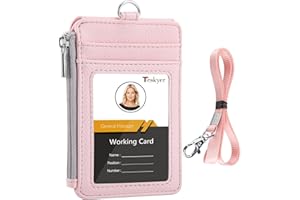 Teskyer Porta Tarjetas Identificativas, Tarjetero con Bolsillo con Cremallera, 1 Ventana de Identificación, Admite hasta 4 tarjetas, con Cordón, Cuero de PU, Claro Rosa