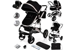 BAYOBAY Baby Buggy Pram Pushchair Stroller 3 in 1 Child Lightweight Folding Stroller 3 in 1 Travel System Pram for Newborns & Toddlers from Birth Aluminum (Black - Silver Frame)