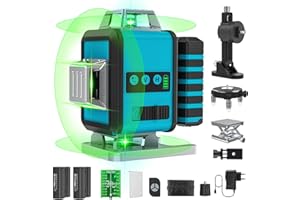 PONOSEU Laser krzyżowy zielony, laser 4 x 360 stopni, laser liniowy, laser krzyżowy, laserowy niwelator, laser budowlany do użytku wewnątrz i na zewnątrz, plac budowy, akumulator x 2