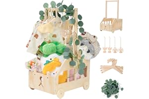 Wuciray Babyparty Geschenk mit Griff Wickelkorb mit Holzrädern Kinder Holz Holzkiste Babygeschenk Geschenkkorb Baby Korb Geschenk mit Dekorblättern Holzkleiderbügel und Engel-Tag Baby Shower Geschenk