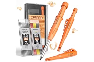 Nicpro CP3000 crayon chantier, porte mine 2,8 mm avec 19 recharges, marqueur pour trous profonds pour la construction, crayon menuisier robuste, outils de charpentier pour le marquage architectural