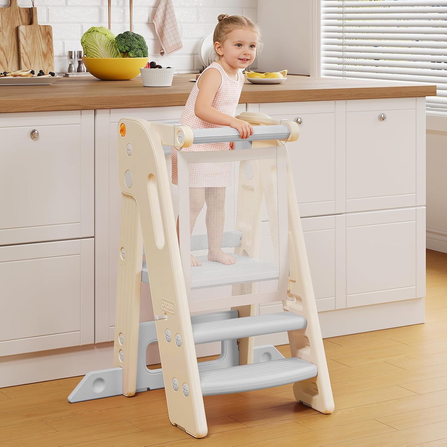 Onasti Toddler Learning Tower, Toddler Tower Foldable with Safety Bar, Adjustable Height, Kitchen Stool for Kids with Handles, Non-slip, for Kitchen Counter Bathroom Sink(Grey+white)