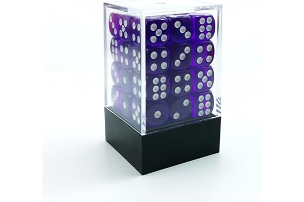 Bescon - 12 mm - dés à 6 faces - 36 pièces dans une boîte en forme de brique, bloc de dés à 6 faces translucide violet avec points blancs