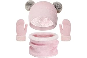CheChury Conjunto de Bufanda y Gorro de Punto Unisexo Niñas Niños Invierno Grueso Polar Guantes Manoplas Bufanda y Gorro Conjunto Linda Suave Double Furball Color Sólido Gorra Conjunto(3-6 años)