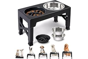 Niubya Elevated Dog Bowls with a Slow-feeder Bowl Adjustable to 5 Heights (8 cm, 22 cm, 25 cm, 28 cm, 31 cm) for Small, Medium, and Large Dogs
