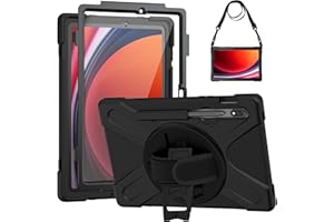Gerutek Funda Anticaída para Samsung Galaxy Tab S9 FE 10.9"/Tab S9 2023/Tab S8/Tab S7 11", con Protector de Pantalla, Carcasa Rugosa con Soporte Giratorio, Correa de Mano/Hombro, Portalápices, Negro