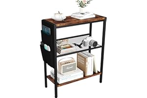 Yusong Small Narrow Side Table for Small Spaces, Slim End Table with Storage Bag, Sofa Snack Table with Adjustable Metal Mesh, 3 Tier Accent Skinny Beside Table for Living Room & Bedroom, Rustic Brown