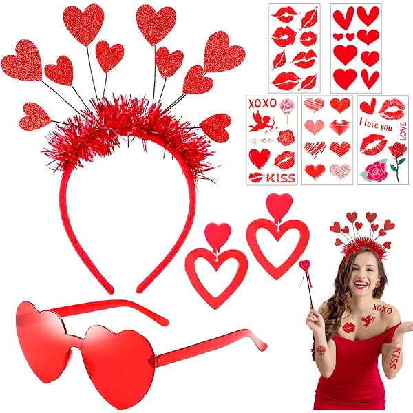 YUYWWAN Accessoires Saint-Valentin - Serre-Tête Cœur + Lunettes Cœur Rouge - Déco Romantique Cupidon - Parfait Pour Fête Des Amoureux, Photos, Déguisements