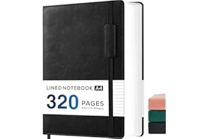 NIRMIRO A4 Lined Notebook, Large A4 Notepad Note Book Hardback with 320 Pages Premium Thick Paper, No bleed, Leather Journals for Women Men work Writing, Inner Pocket, Sticky Notes, Black