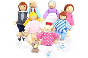 DUOCIYUAN Puppenhaus Puppen, 11 Stück Puppenhaus Figuren mit Katze und Hund Puppen Familie Set Holzpuppe Spielzeug für Kinder Puppenfamilien Biegepuppen für Minipuppen Zubehör Geschenk