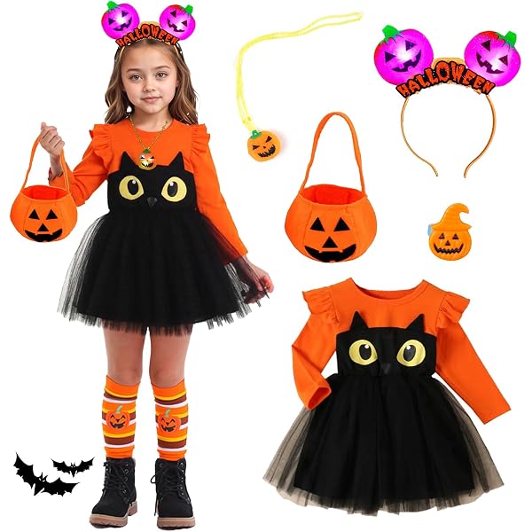 Costume Da Zucca Halloween Per Bambini 4 Pezzi - Completto Con Tuta, Fascia, Calzini Antiscivolo E Borsa Dolcetto