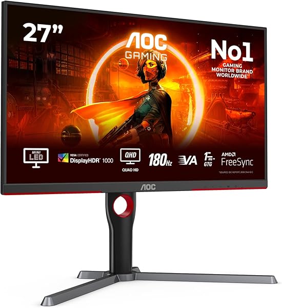 AOC Gaming Q27G3XMN - 27 Inch QHD Monitor, Mini LED, 180Hz, 1ms, GTG, HDR1000, Height Adjust, G-manu (2560 x 1440, 700 cd/m, HDMI 2.0 / DP 1.4) - 1