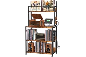 EasyCom Record Player Stand with Vinyl Storage, Turntable Stand Holds Up to 300 Albums, Large Record Player Table with Charge Station, Vinyl Record Stand for Living Room