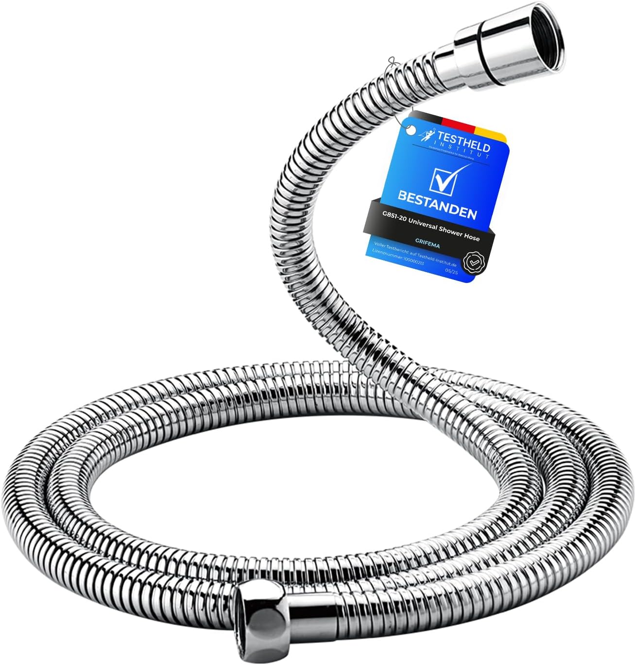 GRIFEMA Manguera Ducha 2m, Flexo de Ducha Acero Inoxidable, Anti-Kink, a Prueba de Fugas, Ajuste Universal G1/2", Acabado Cromado-Plata – Manguera Flexible de Repuesto con Conectores de Latón