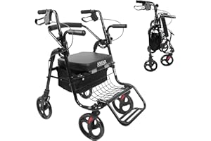 KMINA Déambulateur 4 Roues Pliable Léger, avec Siège, Fauteuil Roulant 2 en 1, Rollator Réglable, Confort Mobilité, Noir