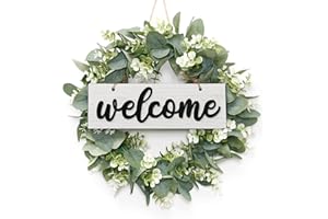 ‎SOMYTING SOMYTING Künstlicher Eukalyptus Kranz 40cm runder Kranz Haustür Türschild Kranz Türkranz mit hölzernen Willkommensschildern Girlande Wandbehang Zubehör Sommer-Kränze für Hochzeit Heimdekoration