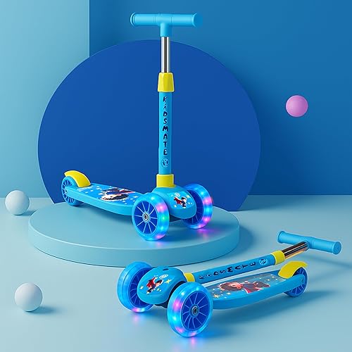 Kidsmate Rider Pro Kick Scooter with Broad PU LED Wheels | 3-Wheel Skating Scooter for Boys & Girls of Ages 2-12 Years | 5-Level Adjustable Height, and Easy Fold Design (Blue)