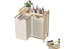 XINZI Cesto portabiancheria a 2 scomparti, sottile, in bambù, 72 l, in tessuto Oxford, Laundry Basket, 2 scomparti per la biancheria, in legno, beige