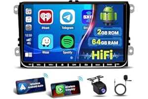Inefala 2G+64G 9" dotykowy ekran Android 15 samochodowy system stereo do VW Skoda Seat Golf 5 6 Passat Polo Tiguan z bezprzewodowym CarPlay Android Auto, radio 2DIN z nawigacją HiFi GPS WiFi RDS