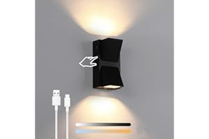 Lightsjoy Battery Operated Wall Light LED USB Rechargeable Battery Wall Sconce Indoor 3 Color Temperatures Up Down Stepless Dimming Dimmable Magnetic Black Wall Lamp Living Room Bedroom Hallway Stairs