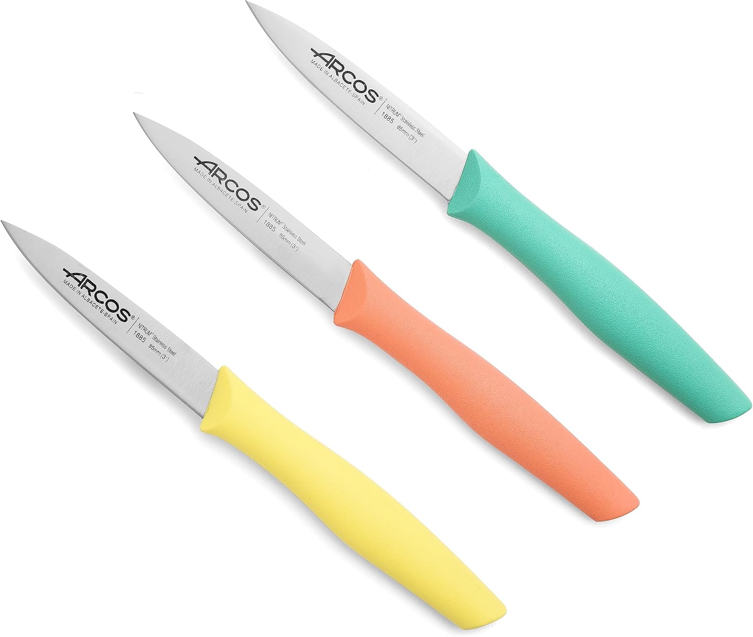Arcos Set Cuchillos Mondadores. 3 Piezas Acero Inoxidable. Cuchillos Cocina Peladores Multicolor para Pelar Frutas y Verduras. Mango Ergonómico Polipropileno. Serie Nova. Naranja, Amarillo y Azul.