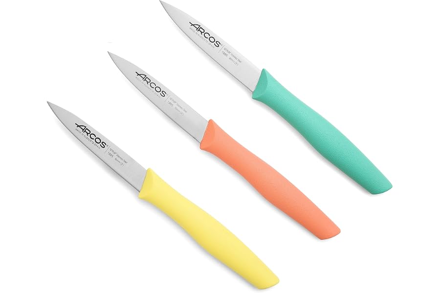 Arcos Set Cuchillos Mondadores. 3 Piezas Acero Inoxidable. Cuchillos Cocina Peladores Multicolor para Pelar Frutas y Verduras
