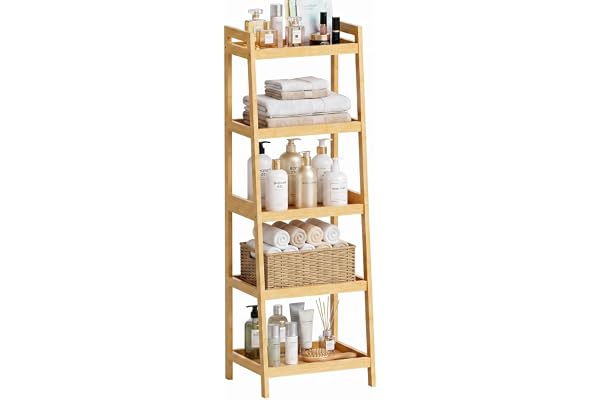 SMIBUY Bambu Stege Bokhylla, Badrumsförvaringsställ Arrangör, 5-vånings fristående växtdisplayställ Space Saver Hyllor för sovrum, kök, balkong (naturlig)