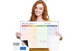 DEEPTON A3 Monatsplaner Abwischbar Kühlschrank, Whiteboard Calendar mit Tagesplan, Familienplaner Abwischbar für Haushaltsplaner, Essensplaner, Einkaufsliste, mit 5 Markern, Schwamm Magnetisch