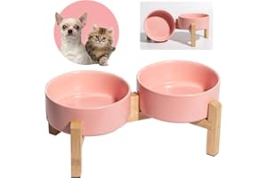 PTOBER Comedero Perro Elevado Comedero Perros - Comedero y Bebedero Perro Ceramica - Cuenco Perro Doble con Soporte de Bambú - Platos para Perros - Bol Comida y Agua para Gatos y Perros Pequeños - 2 x 480 ml