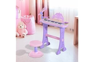 HOMCOM Teclado Electrónico Infantil 32 Teclas Juguete Musical Piano Infantil Piano para Niños con Micrófono Taburete Luces Variedad Sonidos Rítmos Melodias MP3 Karaoke Modo de Enseñanza Rosa
