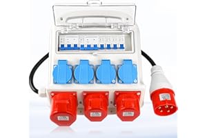 Warmfay Wall Distributor Pre-Wired Power Distribution, 4 x 230 V Schuko Sockets + 2 x CEE 16 A + 1 x CEE 32 A, Construction Power Distributor with Circuit Breaker IP67 Waterproof Housing for Indoor