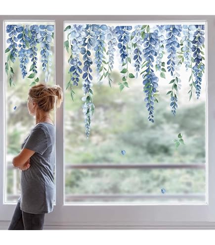 Stickers Fenêtre Plantes Bleues électrostatiques - Décoration Adhésive Amovible Pour Vitres Et Miroirs | 9 Feuilles 20x30cm