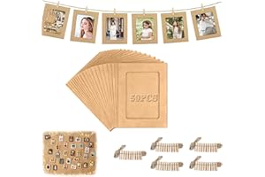 Hexizexi 50 Stück 3 Zoll Papier Bilderrahmen 9x9.5 cm Braun Fotogirlande mit 50 Holzklammern und 5 Rollen Hanfschnur Fototaschen zum Aufhängen Geeignet für Geburtstage Hochzeiten Wanddekoration
