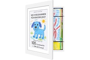 Americanflat A4 Bilderrahmen für Kinderzeichnungen - Weiß - Zeigt 21,6x28 cm mit Passepartout & 25,5x32 cm ohne Passepartout - Verbundholz mit Bruchsicherem Glas - Hoch- und Querformat