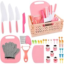Kit Cuisine Enfant 21 Pièces – Couteaux Sécurité, Planche, Éplucheur, Emporte-pièces – Montessori – Rose/Rouge