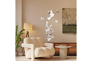 Shackcom Miroir Stickers Muraux Miroirs Décoratif Acrylique Adhésif Autocollant Mural Amovible DIY Décoration pour Maison Chambre Salon Décor- Colombe et Fleurs Argent