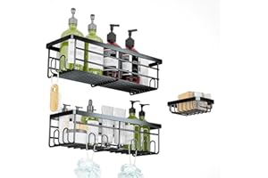 Lehuveky Duschablage ohne Bohren - 3 Stück Schwarz Duschregal - Rostfrei Badezimmer Regal mit Seifenhalter - Große Badregal Shampoo Halterung für Dusche