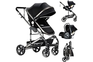 Reenborn 3 in 1 Pushchair Travel System, Baby Pram 3 in 1, Newborn Stroller with Two Reversible Pushing Modes, Toddler Buggy with Aluminum Frame, Infant Carriage with One-Click Folding (739 Black)