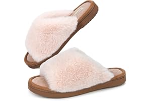 Snug Leaves Ladies' Deluxe Fluffy Memory Foam Slip on Slippers Cozy Faux Fur Lined Open Toe House Slides