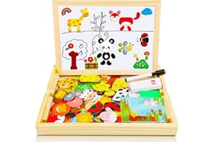 COOLJOY 100+ PCS Wooden Magnetic Puzzle, Magnetic Puzzle Board, Cute Pets Pattern Games Double Sided Jigsaw, Educational Drawing Easel Blackboard Wood Toys For Kids Up 3 Years Old Imagination