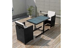 Tidyard 7-TLG. Garten-Essgruppe Poly Rattan Gartengruppe Gartenm?Bel Gartengarnitur Schwarz Terrasse Sitzgruppe 1 Tisch mit Glasplatte, 2 Stühle und 4 Sitzpolster