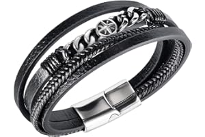 Cytecedx Męska bransoletka skórzana, pleciona, czarna, skórzana bransoletka, kompas, stal nierdzewna, szeroka bransoletka owijana z zapięciem magnetycznym, prezent dla mężczyzn, 17.5 centimeters,